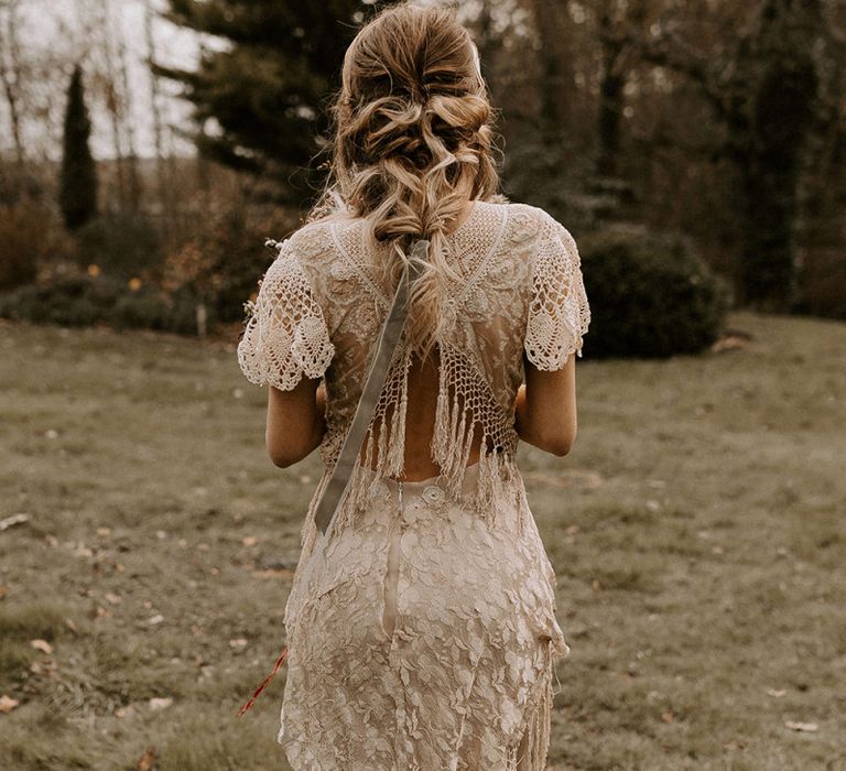 Boho Lace Wedding Dress with Open Back and Fringe Detail