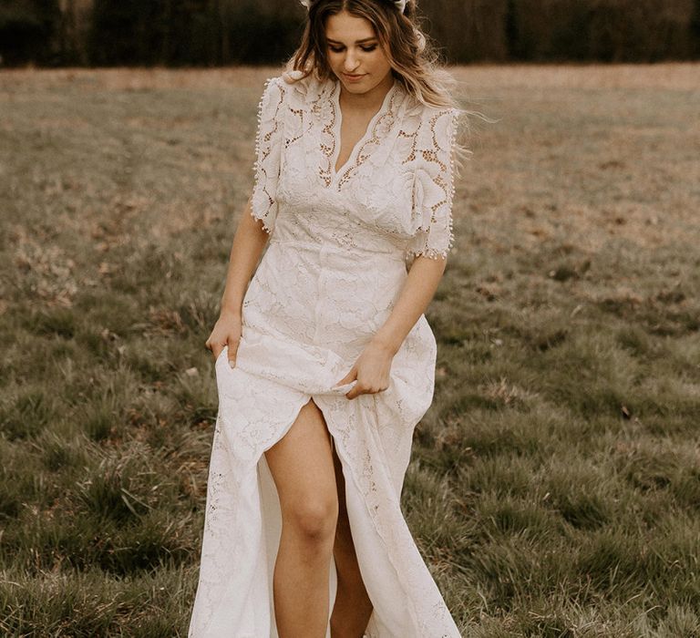 Boho Bride in Turban Headband and Lace Wedding Dress with Front Split