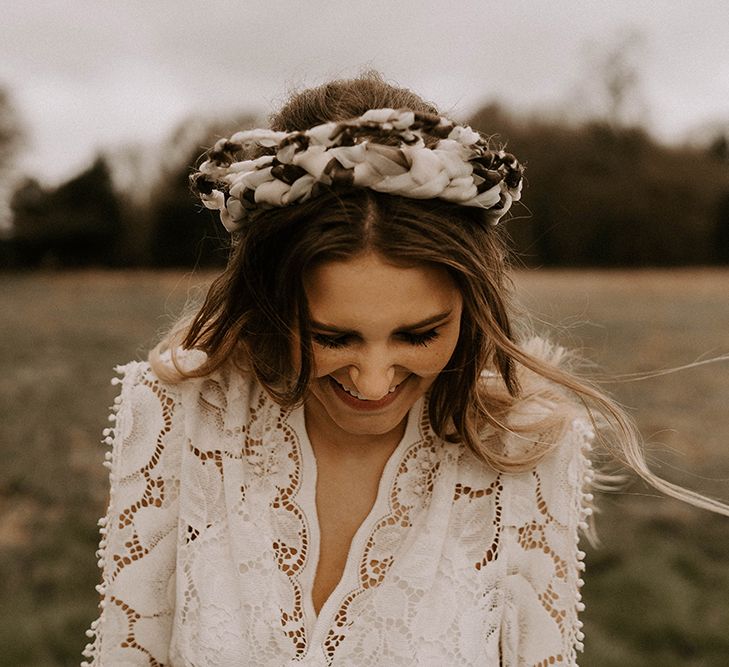 Laughing Bride in Black and White Turban Headband Accessory