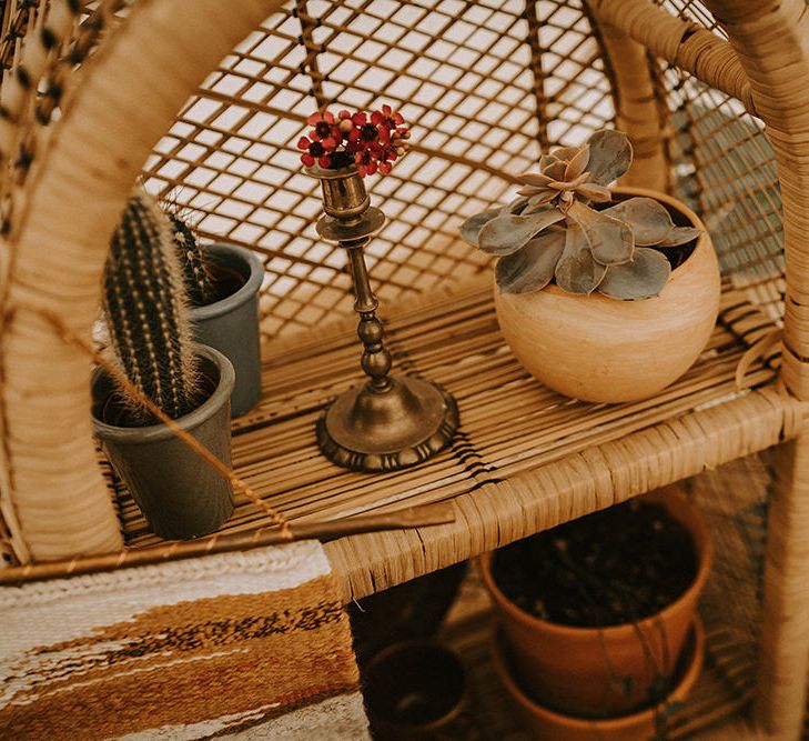 Wicker Shelving Unit with Cactus Plants, Succulents and Gold Candlestick