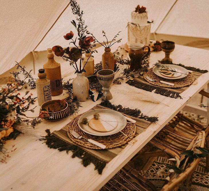 Sweetheart Table with Wicker Place Mats, Ink Bottle Centrepieces and Dried Flower Decor