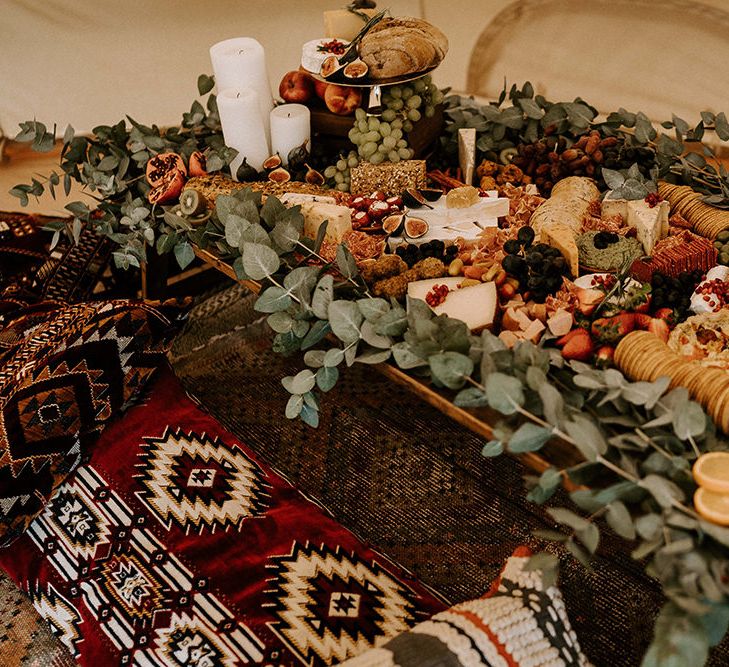 Low Grazing Table with Fresh Fruit, Vegetables, Cheeses and Crackers