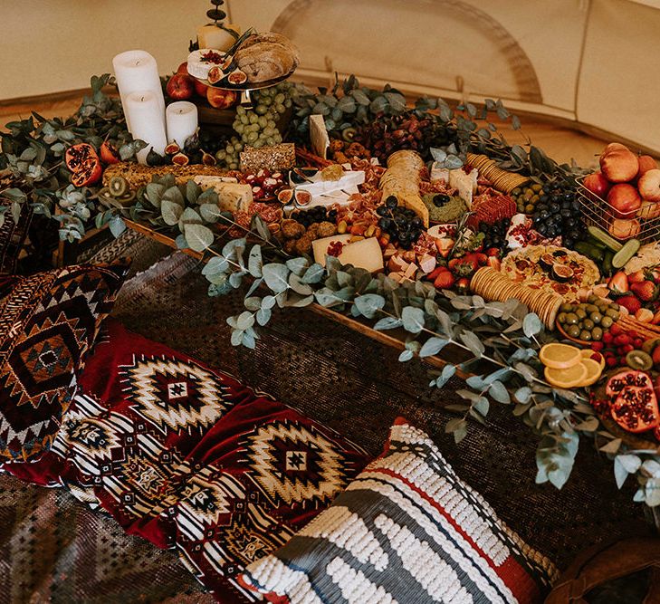 Full Grazing Table Loaded with Cheese, Crackers, Fresh Fruit and Vegetables