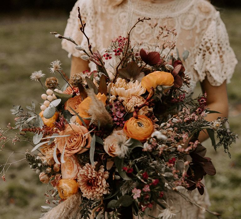 Boho Wedding Bouquet with Orange Flowers, Dried Grasses and Foliage