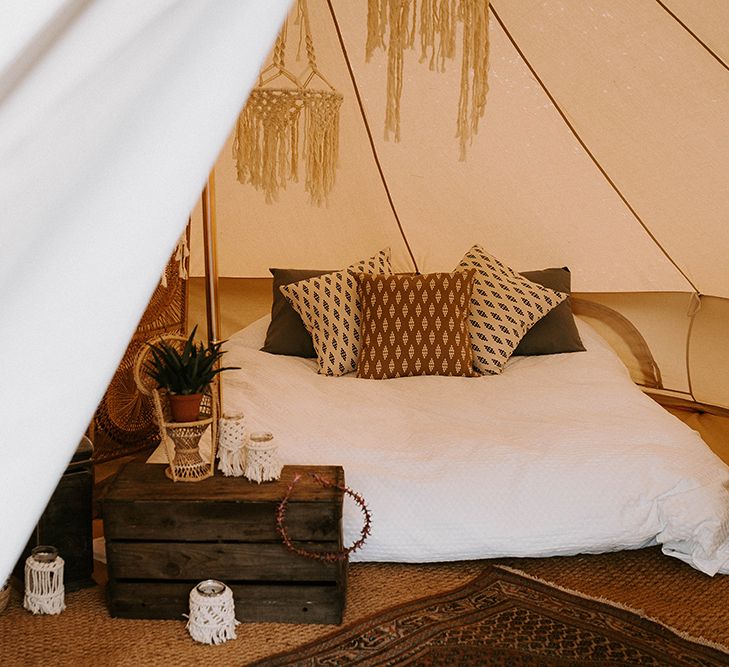 Bell Tent with Comfy Bed, Wooden Crate sand Hanging Macrame Decor