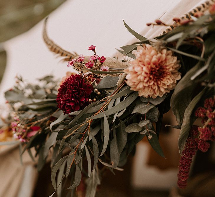 Foliage and Dahlia Wedding Flower Decor for the Bell Tent Entrance