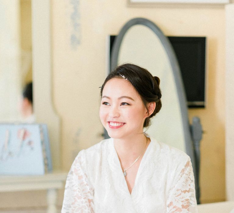 Bride in Getting Ready Robe on Wedding Morning