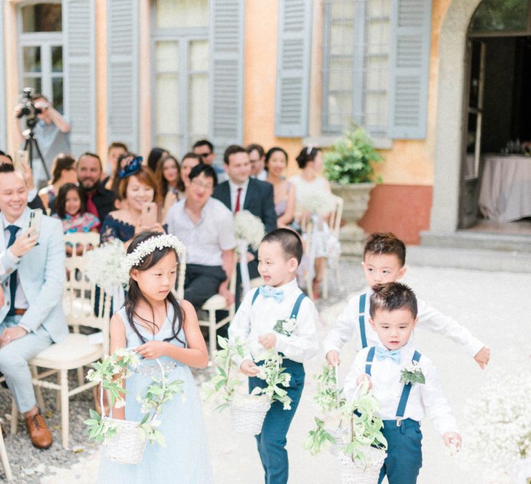 Flower Girl in Blue Dress and Page Boys in Bow Ties and Braces