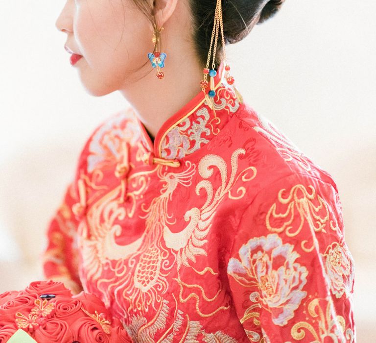 Bride in Traditional Chinese Red Dress with Chic Bridal Up Do Chinese Tea Ceremony Wedding