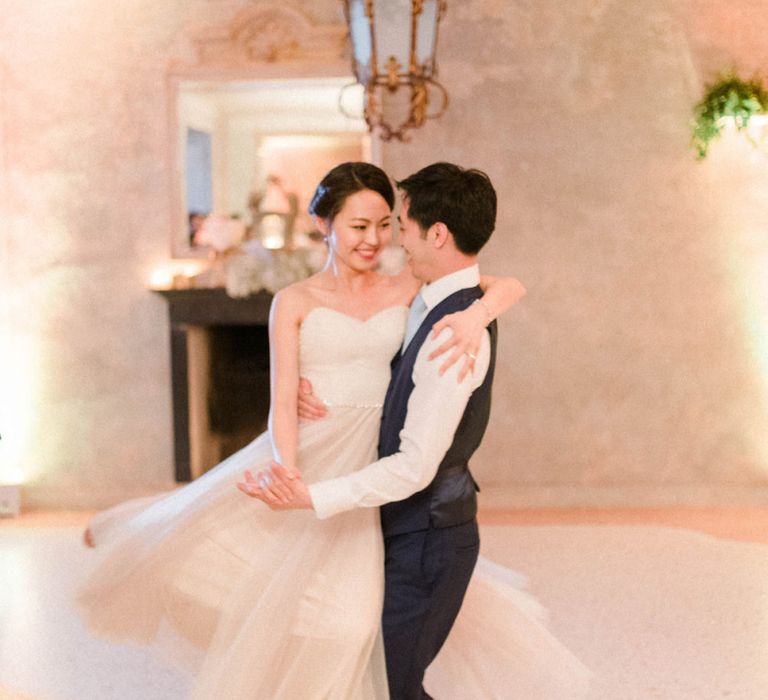 First Dance with Bride in Anna Kara Wedding Dress and Groom in Three-piece Navy Wedding Suit