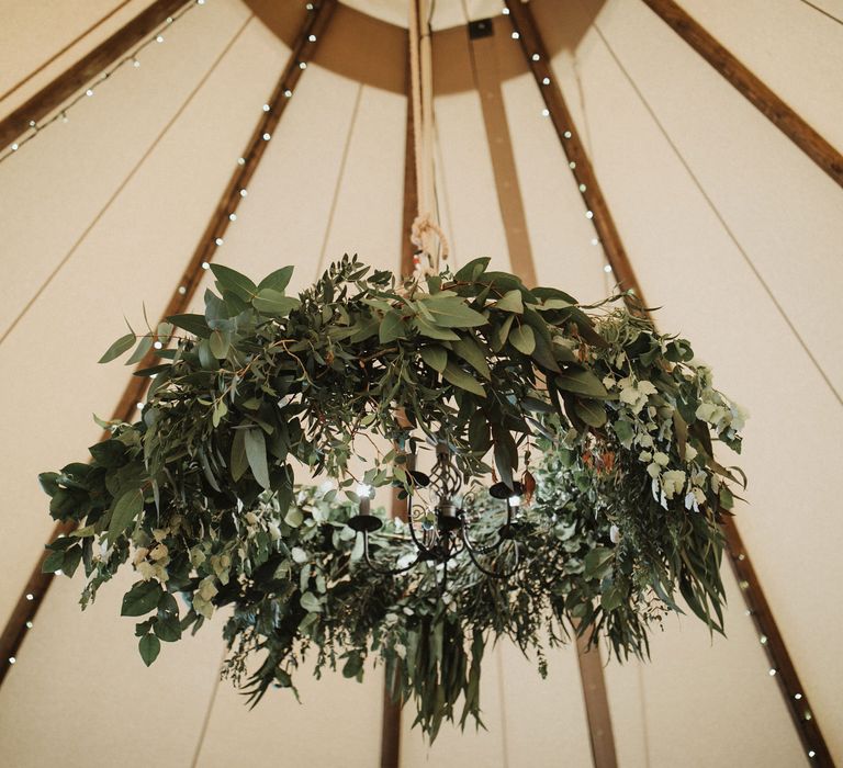 Foliage Chandelier For Wedding Tipi // Anna Kara Bridal // James Frost Photography // DIY Village Hall Wedding Lilley // C of E Wedding Ceremony // Vinyl Record Wedding Favours