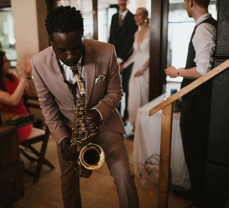 Wedding Saxophonist // Anna Kara Bridal // James Frost Photography // DIY Village Hall Wedding Lilley // C of E Wedding Ceremony // Vinyl Record Wedding Favours