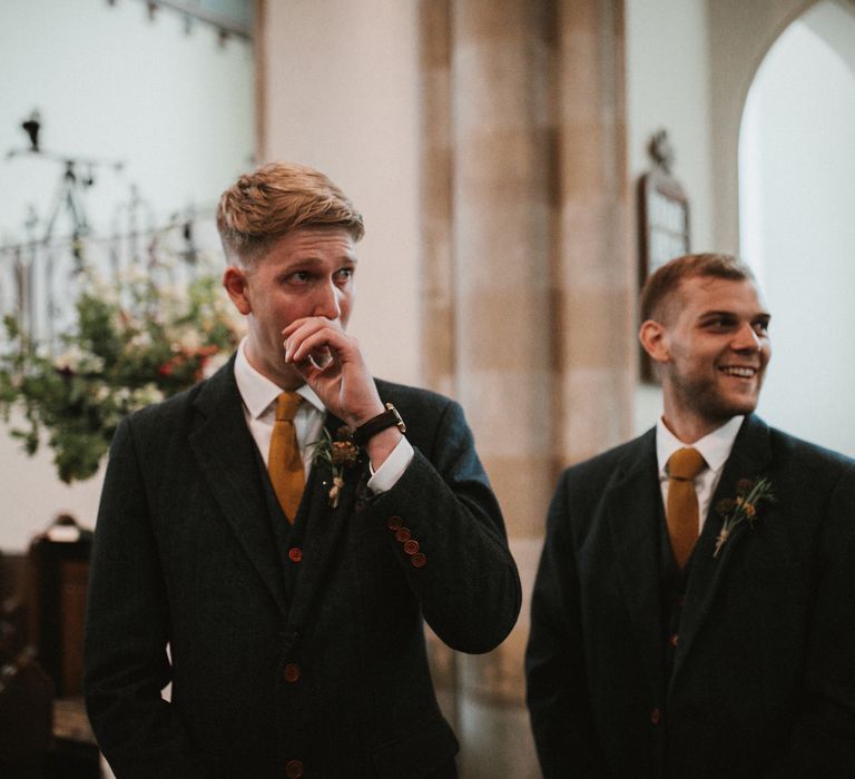 Groom In Vintage Suit Hire Wedding Suit // Anna Kara Bridal // James Frost Photography // DIY Village Hall Wedding Lilley // C of E Wedding Ceremony // Vinyl Record Wedding Favours