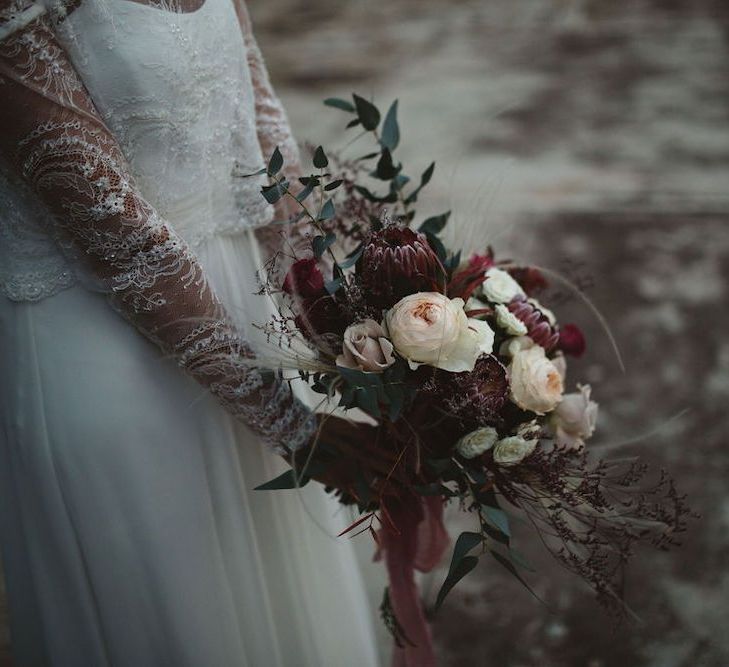 Deep Purple, White and Green Bridal Bouquet with King Protea