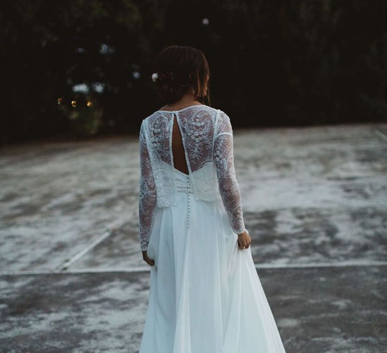 Bride in Jordi Anguera Wedding Dress with Lace Overlay Bodice