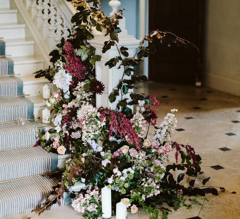 Floral Installation For Wedding On Staircase // Image By John Barwood Photography