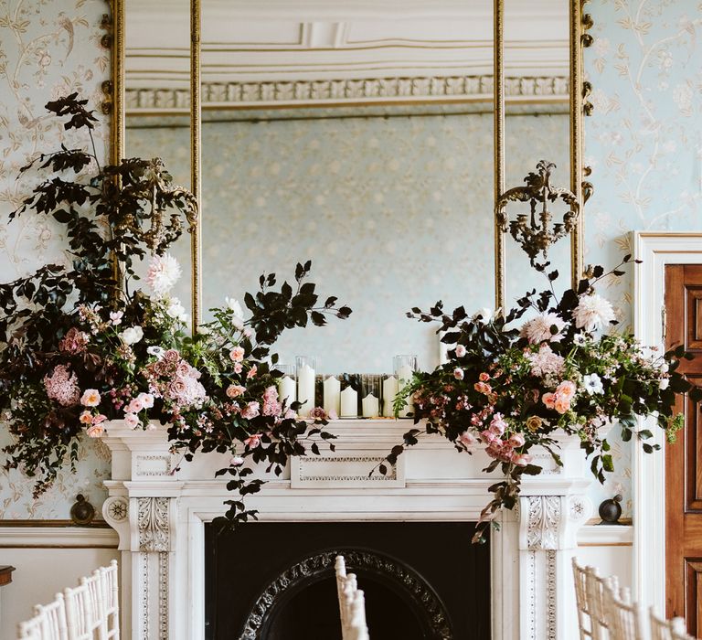 Floral Installation For Wedding On Fireplace // Image By John Barwood Photography