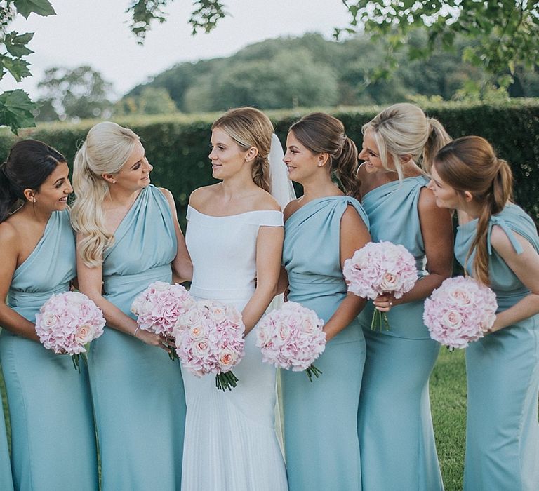 Bridal Party | Bridesmaids in Mint Green One Shoulder Vivie-Grace by Jayde Spicer | Bride in Suzanne Neville Bardot Nouveau Wedding Dress | Pastel Pink &amp; Mint Green Wedding at Granary Estates Suffolk | Julia &amp; You Photography