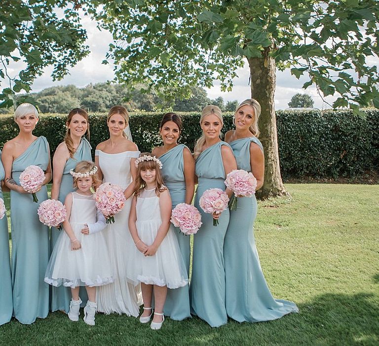 Bridal Party | Bridesmaids in Mint Green One Shoulder Vivie-Grace by Jayde Spicer | Bride in Suzanne Neville Bardot Nouveau Wedding Dress | Pastel Pink &amp; Mint Green Wedding at Granary Estates Suffolk | Julia &amp; You Photography