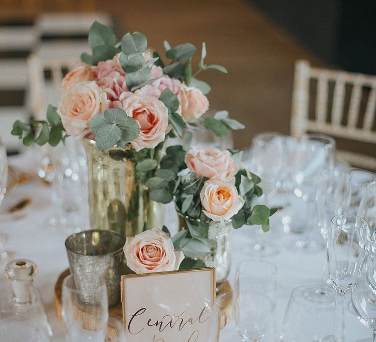 Pink Rose Floral Centrepiece | Pastel Pink &amp; Mint Green Wedding at Granary Estates Suffolk | Julia &amp; You Photography