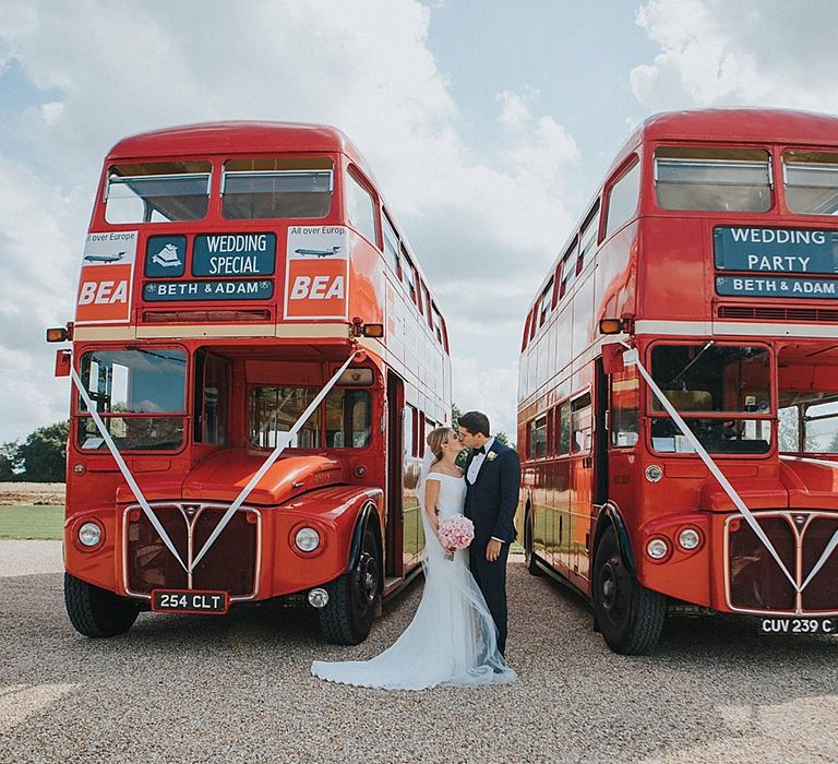 Double Decker London Buses Wedding Transport | Pastel Pink &amp; Mint Green Wedding at Granary Estates Suffolk | Julia &amp; You Photography