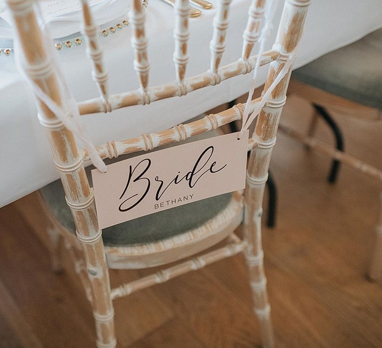 Gold Foil Bride Chair Back Decor | Pastel Pink &amp; Mint Green Wedding at Granary Estates Suffolk | Julia &amp; You Photography