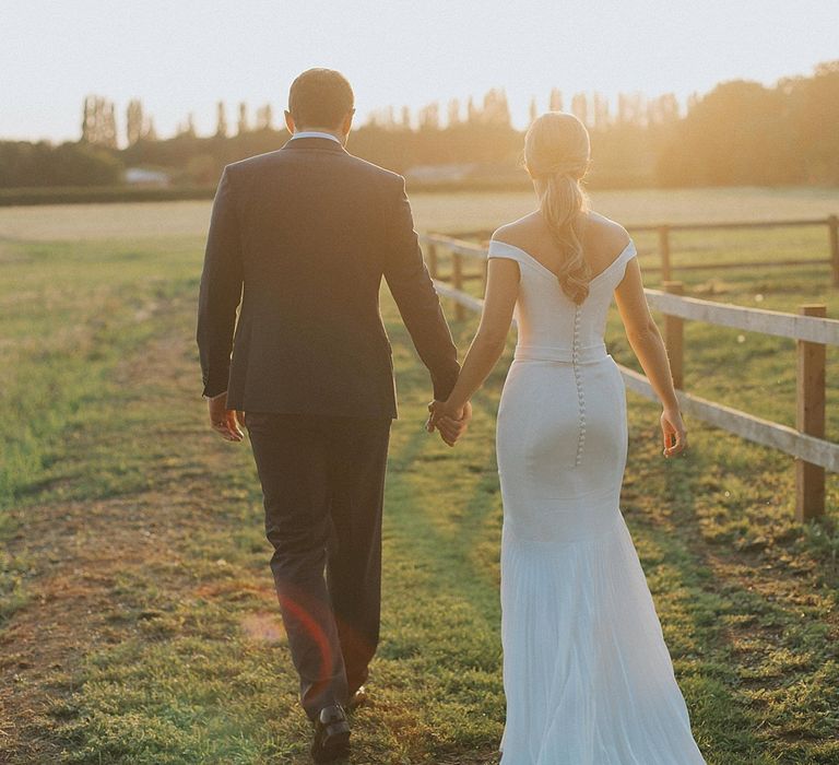 Sunset Portrait | Bride in Suzanne Neville Bardot Nouveau Wedding Dress | Groom in Black Tie | Pastel Pink &amp; Mint Green Wedding at Granary Estates Suffolk | Julia &amp; You Photography