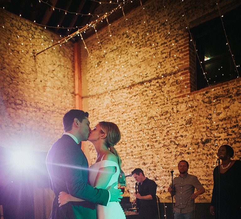 First Dance | Bride in Suzanne Neville Bardot Nouveau Wedding Dress | Groom in Black Tie | Pastel Pink &amp; Mint Green Wedding at Granary Estates Suffolk | Julia &amp; You Photography