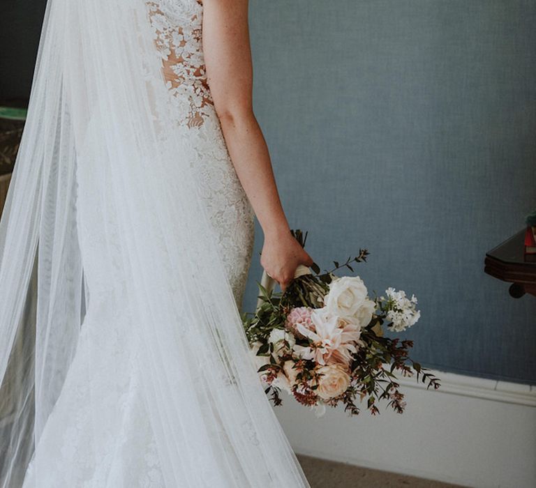 Bride in Lace Back Pronovias Wedding Dress | Outdoor Cornish Wedding at Boconnoc Estate | Nick Walker Photography