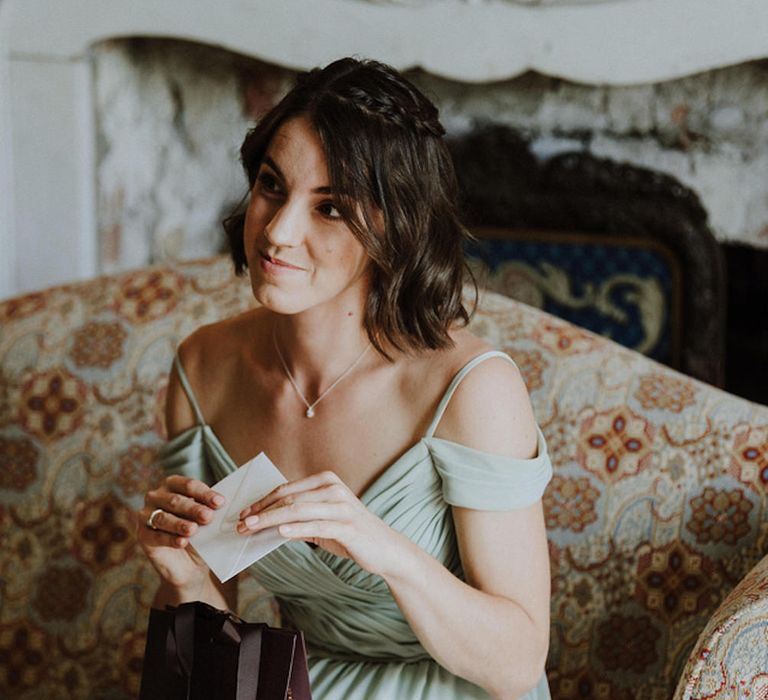 Bridesmaid in Mint Green Sorella Vita Cold Shoulder Dress | Outdoor Cornish Wedding at Boconnoc Estate | Nick Walker Photography