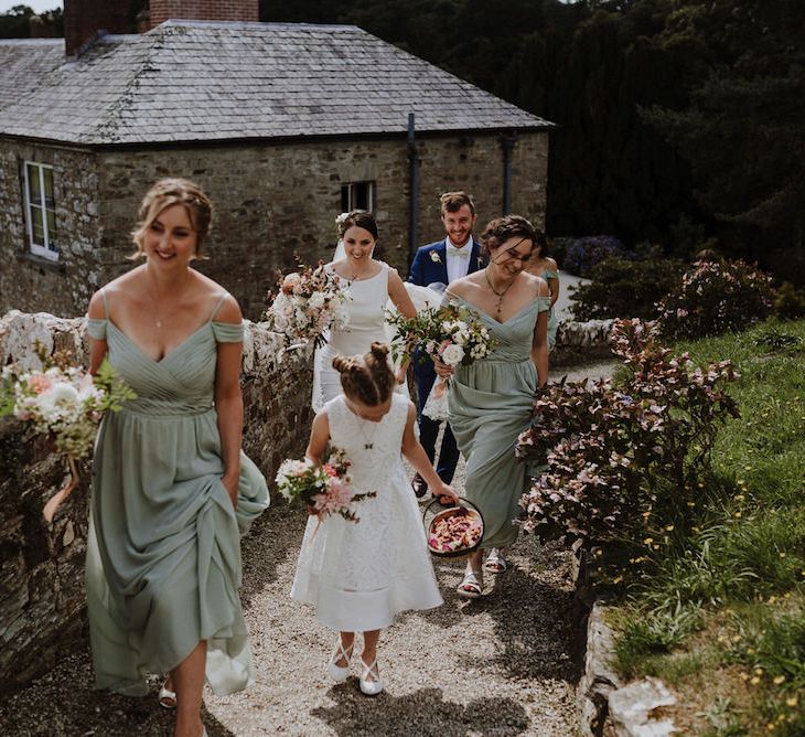 Bridal Party | Bridesmaids in Mint Green Sorella Vita Cold Shoulder Dresses | Bride in Lace Back Pronovias Wedding Dress | Outdoor Cornish Wedding at Boconnoc Estate | Nick Walker Photography