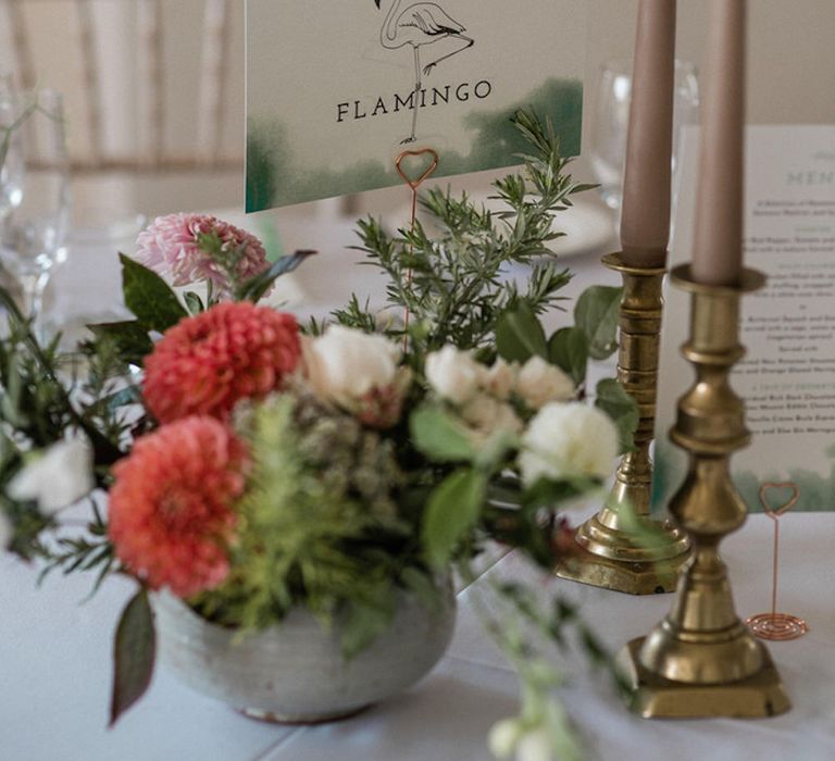 Floral Centrepiece by The Garden Gate Flower Company | Table Name Animal Illustrations by Dearly Beloved Wedding Stationery Designs | Outdoor Cornish Wedding at Boconnoc Estate | Nick Walker Photography