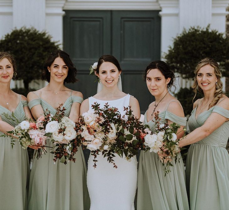 Bridal Party | Bridesmaids in Mint Green Sorella Vita Cold Shoulder Dresses | Bride in Lace Back Pronovias Wedding Dress | Outdoor Cornish Wedding at Boconnoc Estate | Nick Walker Photography