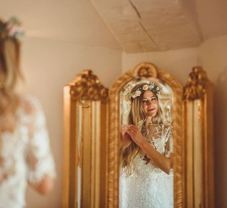 Bride Wearing Flower Crown And Bespoke Lace Dress