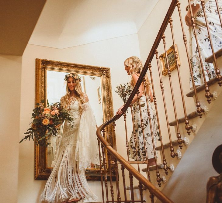 Bride Wearing Handmade Wedding Dress Holding Bouquet