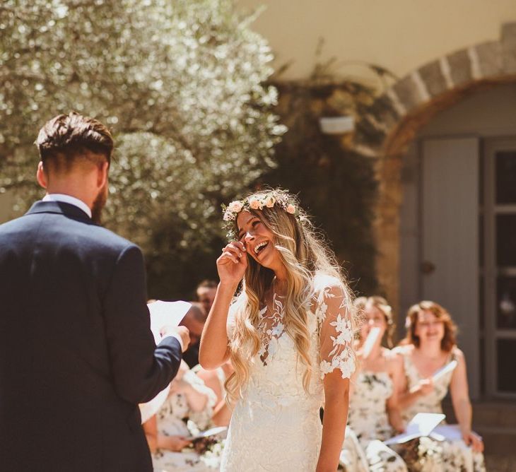 Bride In Handmade Wedding Dress and  Flower Crown