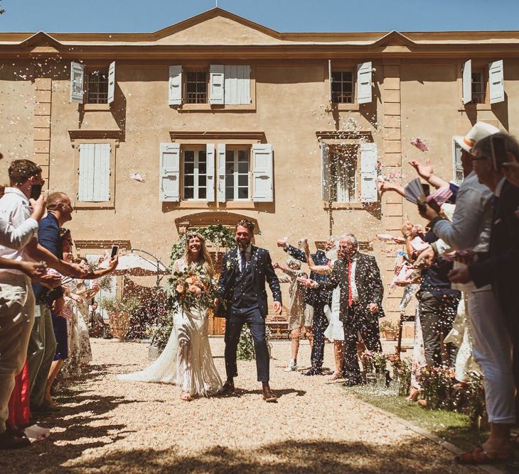 Couples Confetti Exit with Bride In Handmade Wedding Dress