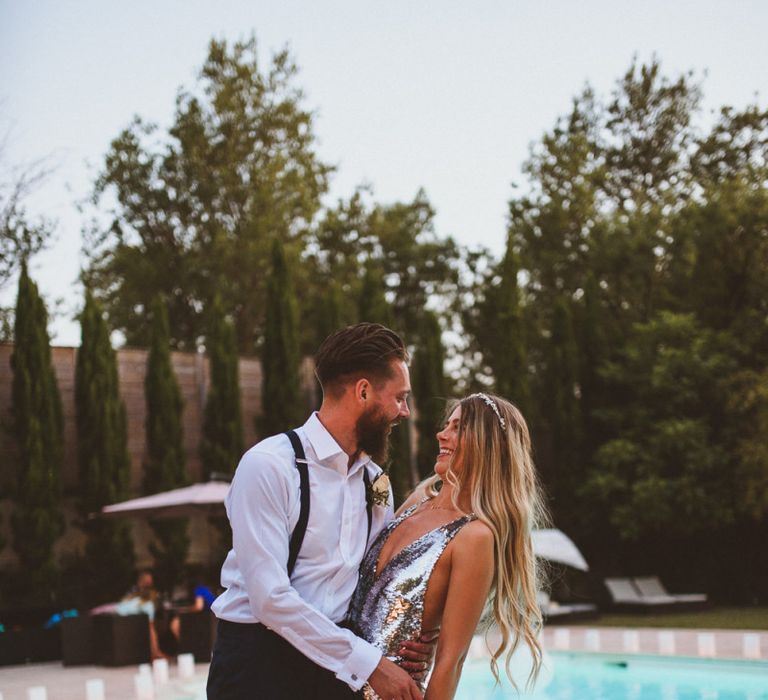 Bride In Silver Sequin Wedding Dress