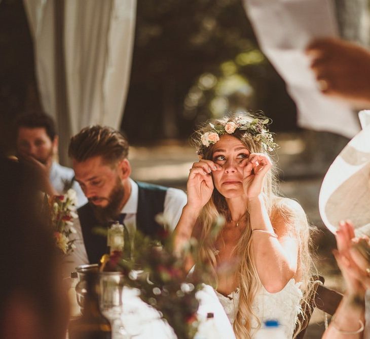 Bride Wearing Flower Crown During Wedding Speeches