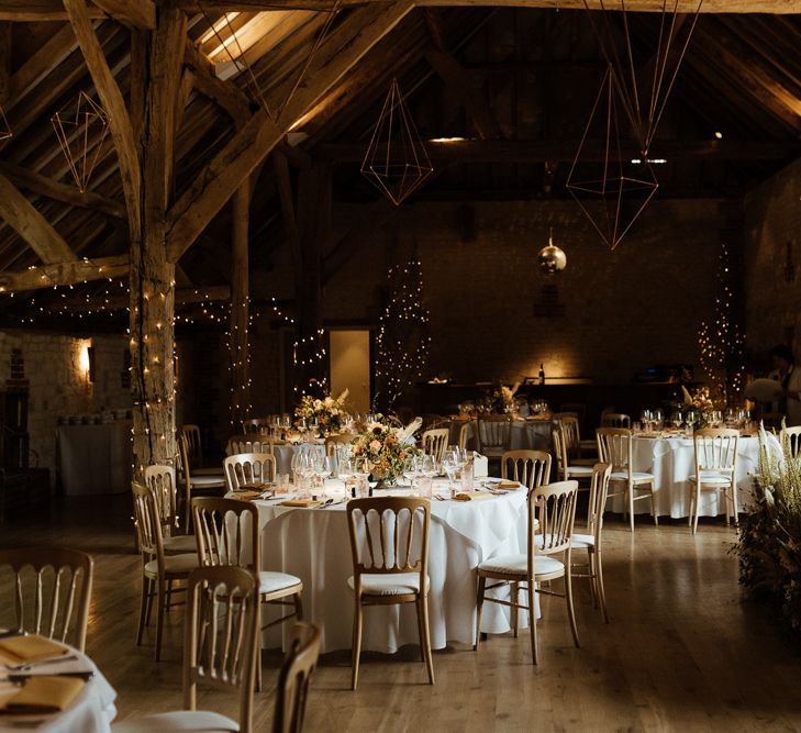 Bury Court Barn reception with DIY hanging Geometric decor