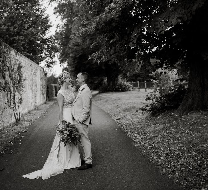 Black and white portrait of the bride and groom