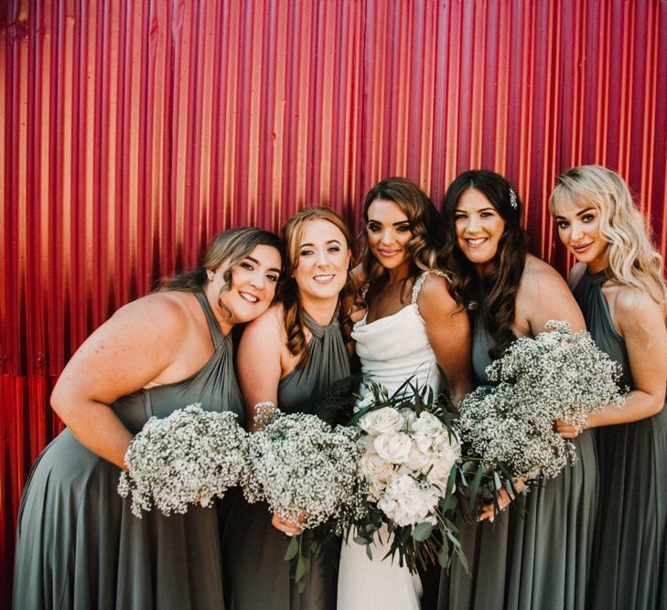 Glamorous Wedding At Riverdale Barn Northern Ireland With Bride In Fitted Pronovias Gown And Bridesmaids In Charcoal Grey TwoBirds Dresses Images From Carla Blain Photography