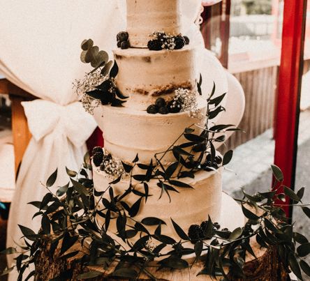 Semi Naked Buttercream Wedding Cake / Glamorous Wedding At Riverdale Barn Northern Ireland With Bride In Fitted Pronovias Gown And Bridesmaids In Charcoal Grey TwoBirds Dresses Images From Carla Blain Photography