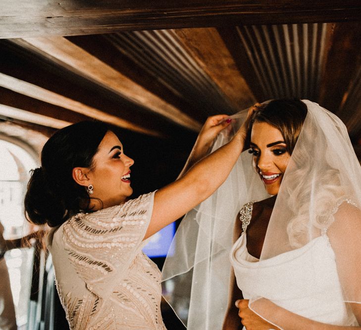 Glamorous Wedding At Riverdale Barn Northern Ireland With Bride In Fitted Pronovias Gown And Bridesmaids In Charcoal Grey TwoBirds Dresses Images From Carla Blain Photography