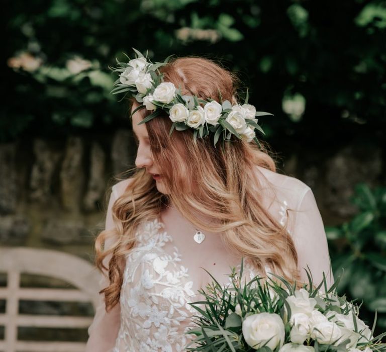 Pink Wedding Dress With Flower Crown and Lace Detail