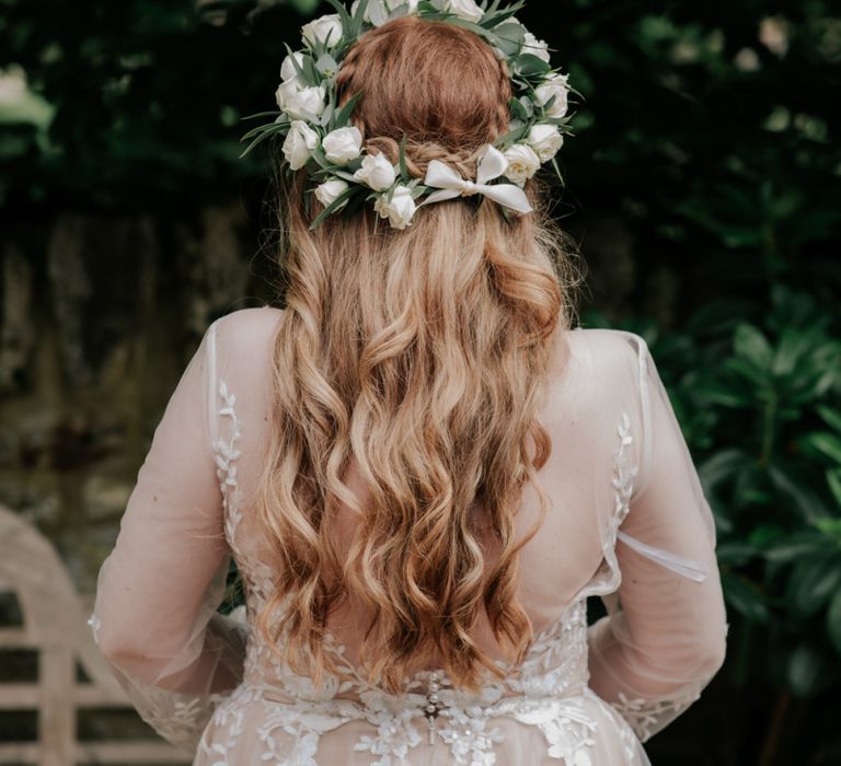 Flower Crown For Hair Down Bride In Pink Wedding Dress