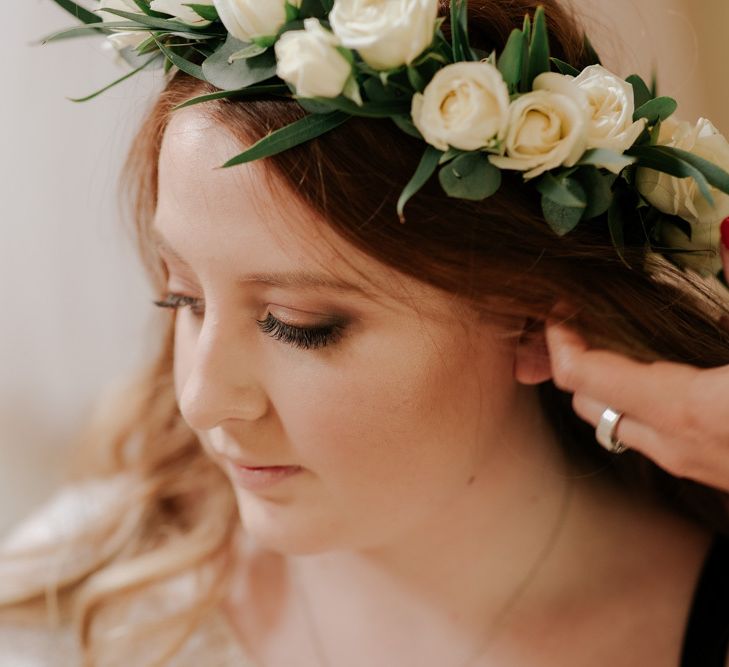 Flower Crown For Bride In Pink Wedding Dress