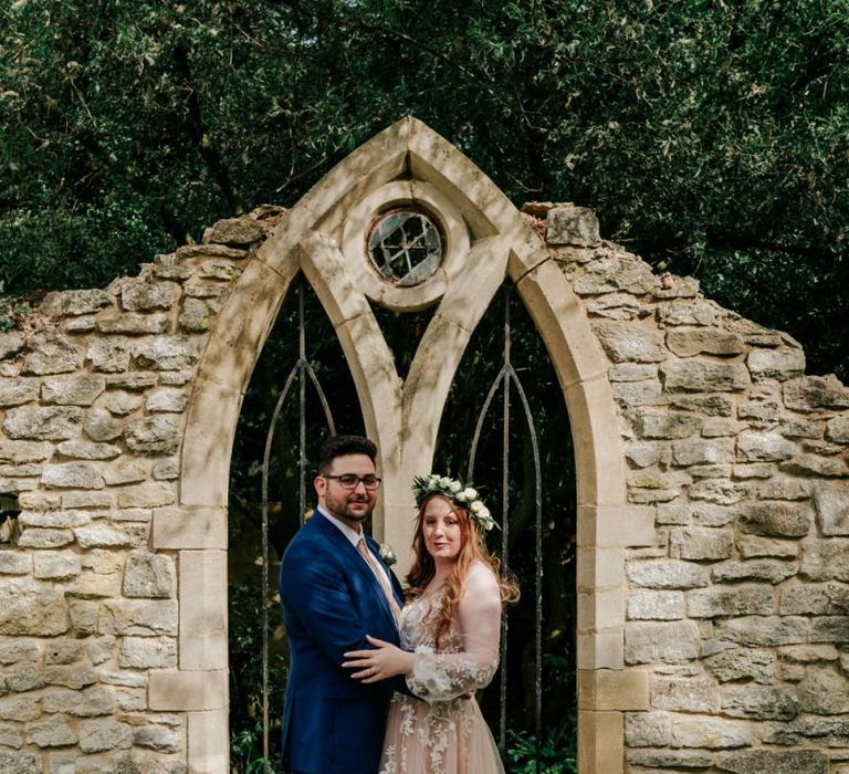 Bride In Pink Wedding Dress With Flower Crown