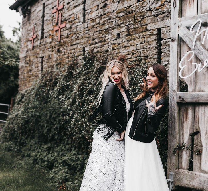 Rock n Roll brides in black and white wedding dress, separates and leather jackets