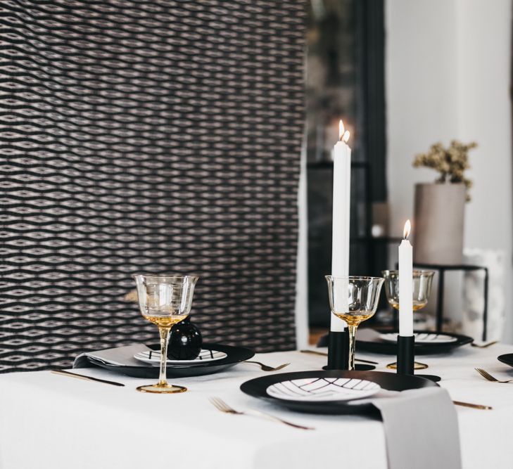 Black, white, grey and gold wedding table decor